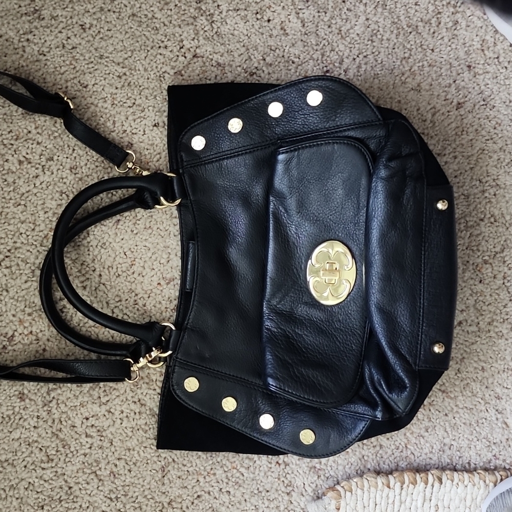 Emma Fox Black Leather Studded Satchel Tote